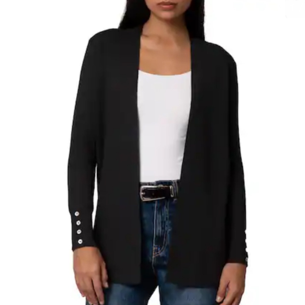 Cyrus Knit Open-Front Lightweight Button Cuff Cardigan in Black NWT